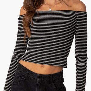 EDIKTED Black and White Stripe Off-the-Shoulder Ribbed Crop Top – Size S, NEW